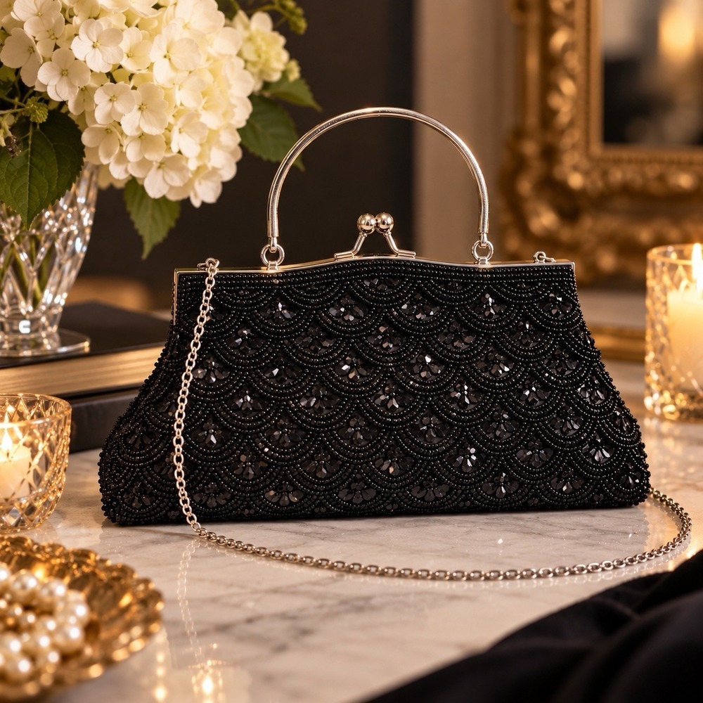Vintage MG Collection Black Beaded Evening Bag Kisslock Chain Clutch Purse